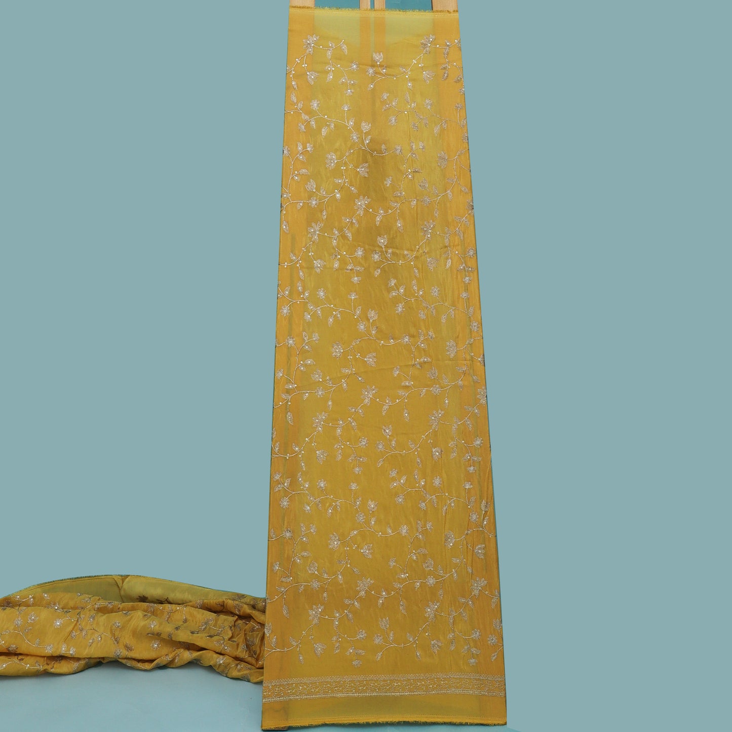 Yellow Color Tissue Zari Embroidery Fabric