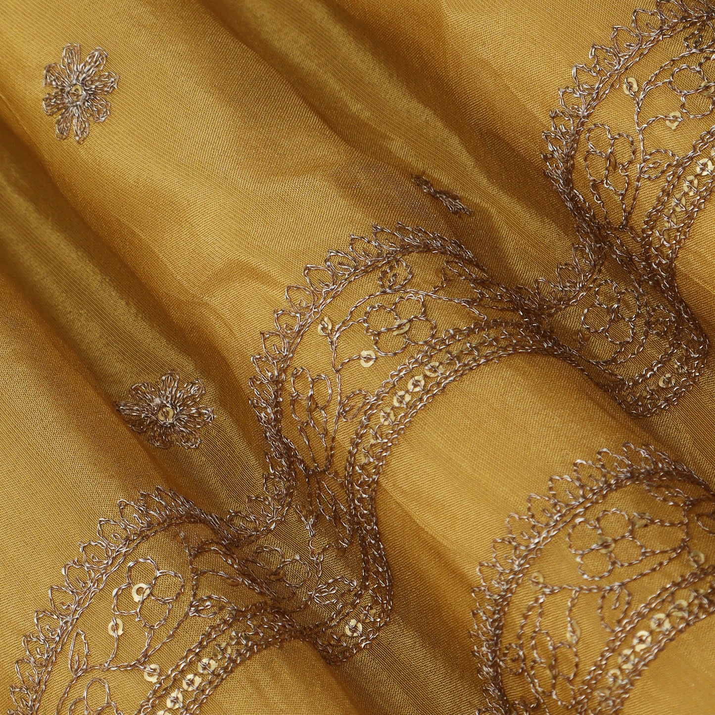 Yellow Color Tissue Zari Embroidery Fabric