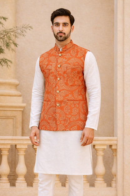 Orange Color Dupion Print Fabric