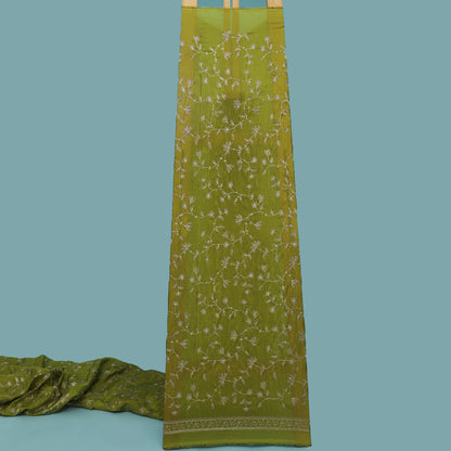 Mehandi Green Color Tissue Zari Embroidery Fabric