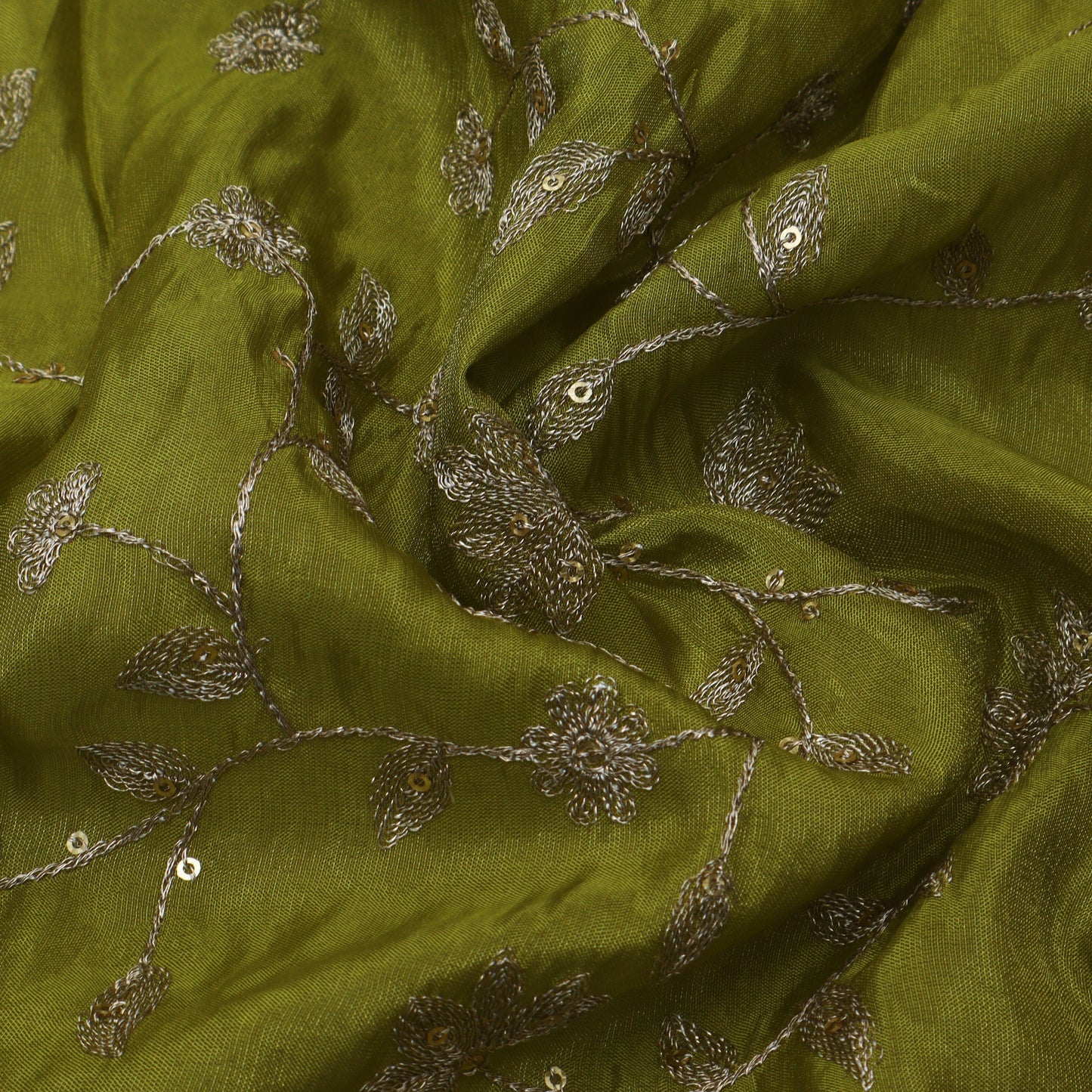 Mehandi Green Color Tissue Zari Embroidery Fabric