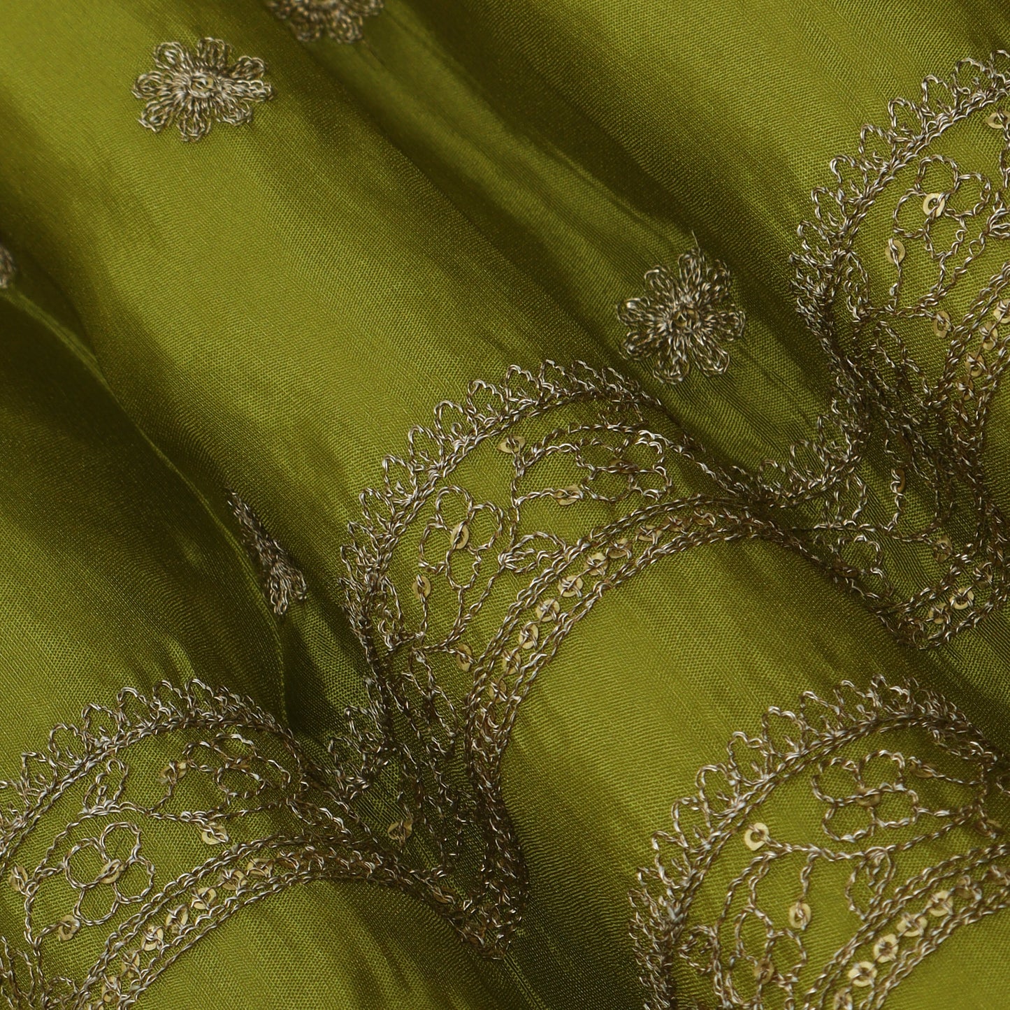 Mehandi Green Color Tissue Zari Embroidery Fabric