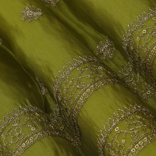 Mehandi Green Color Tissue Zari Embroidery Fabric