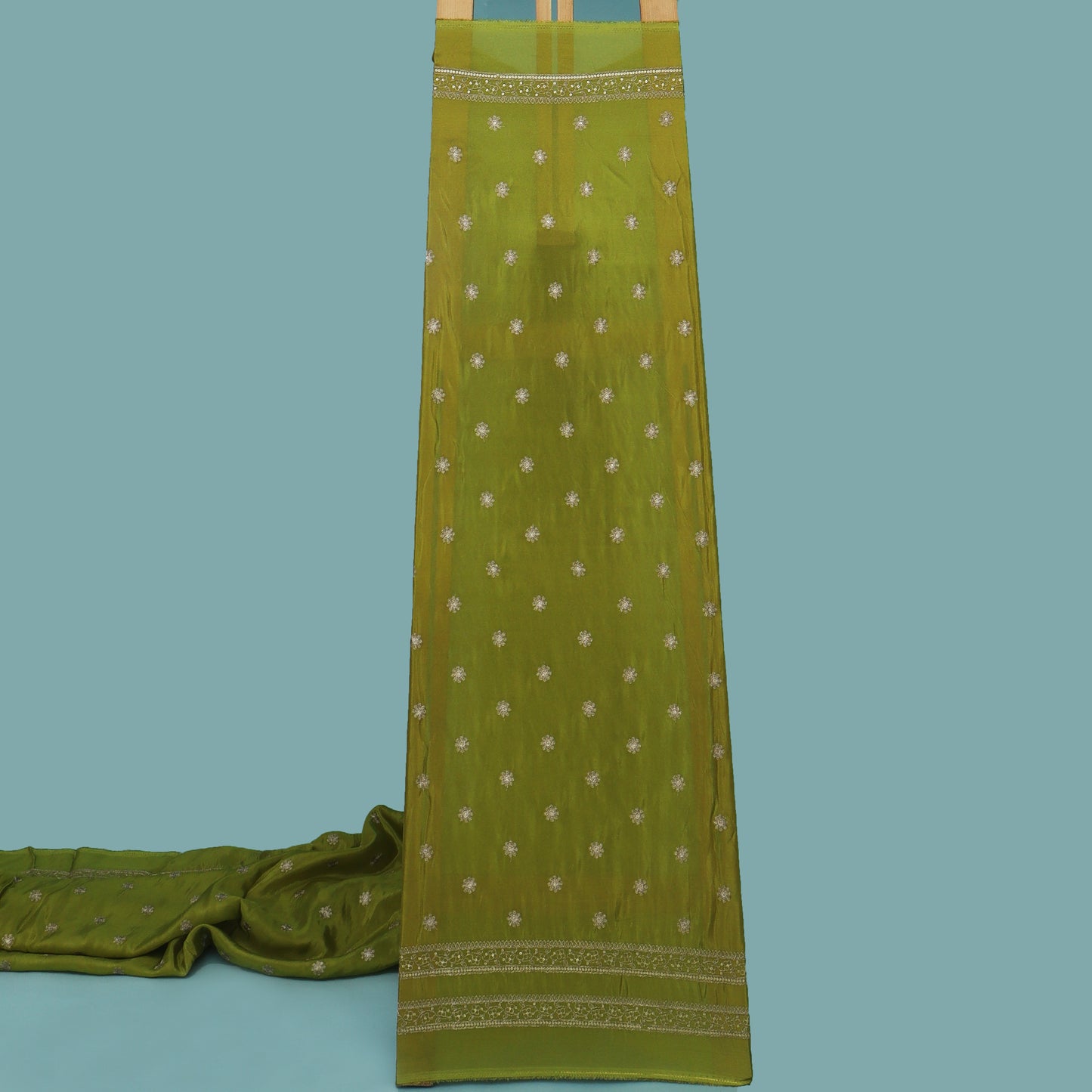Mehandi Green Color Tissue Zari Embroidery Fabric