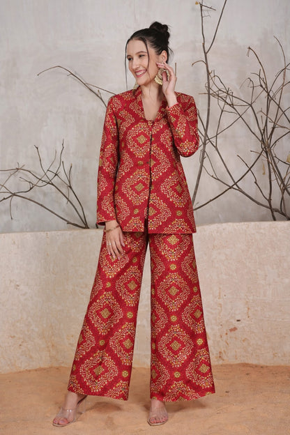 Red Color Dupion Print Fabric