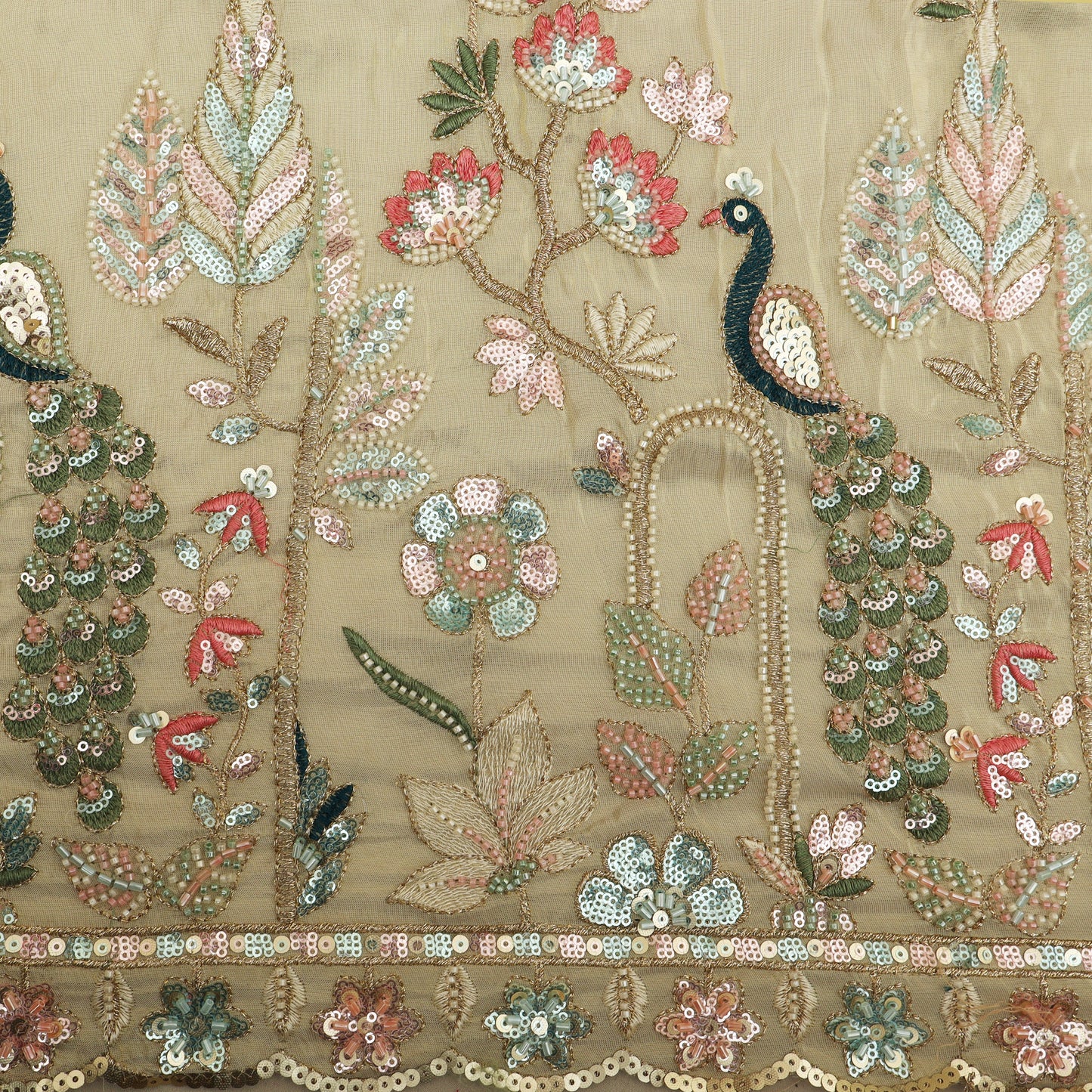 Beige Color Tissue Embroidery Fabric