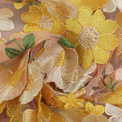 Peach Color Net Sequins Embroidery Fabric