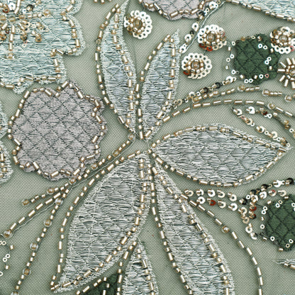 Green Color Net Sequins Embroidery Fabric