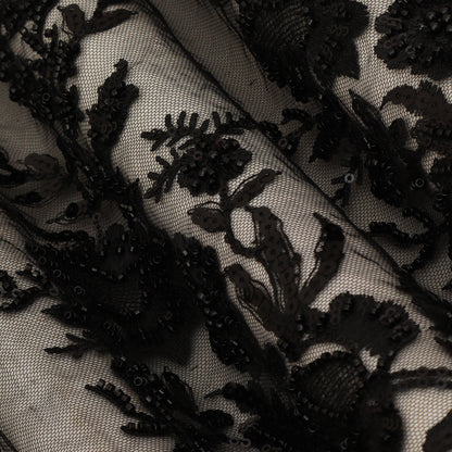 Black Color Net Sequins Embroidery Fabric