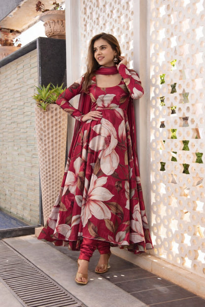 Dark Pink Crepe Hydra Print Fabric