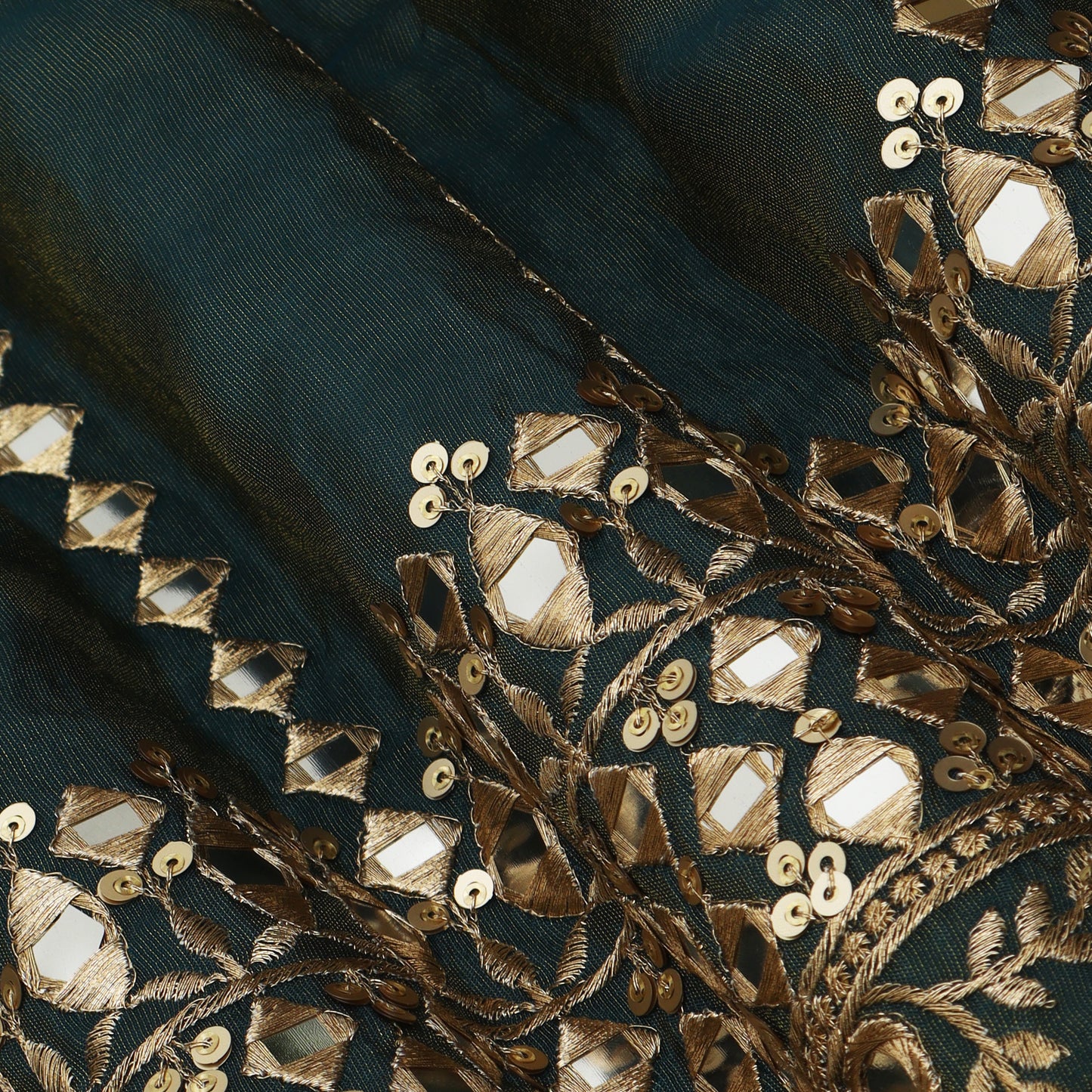 Green Color Tissue Mirror Work fabric