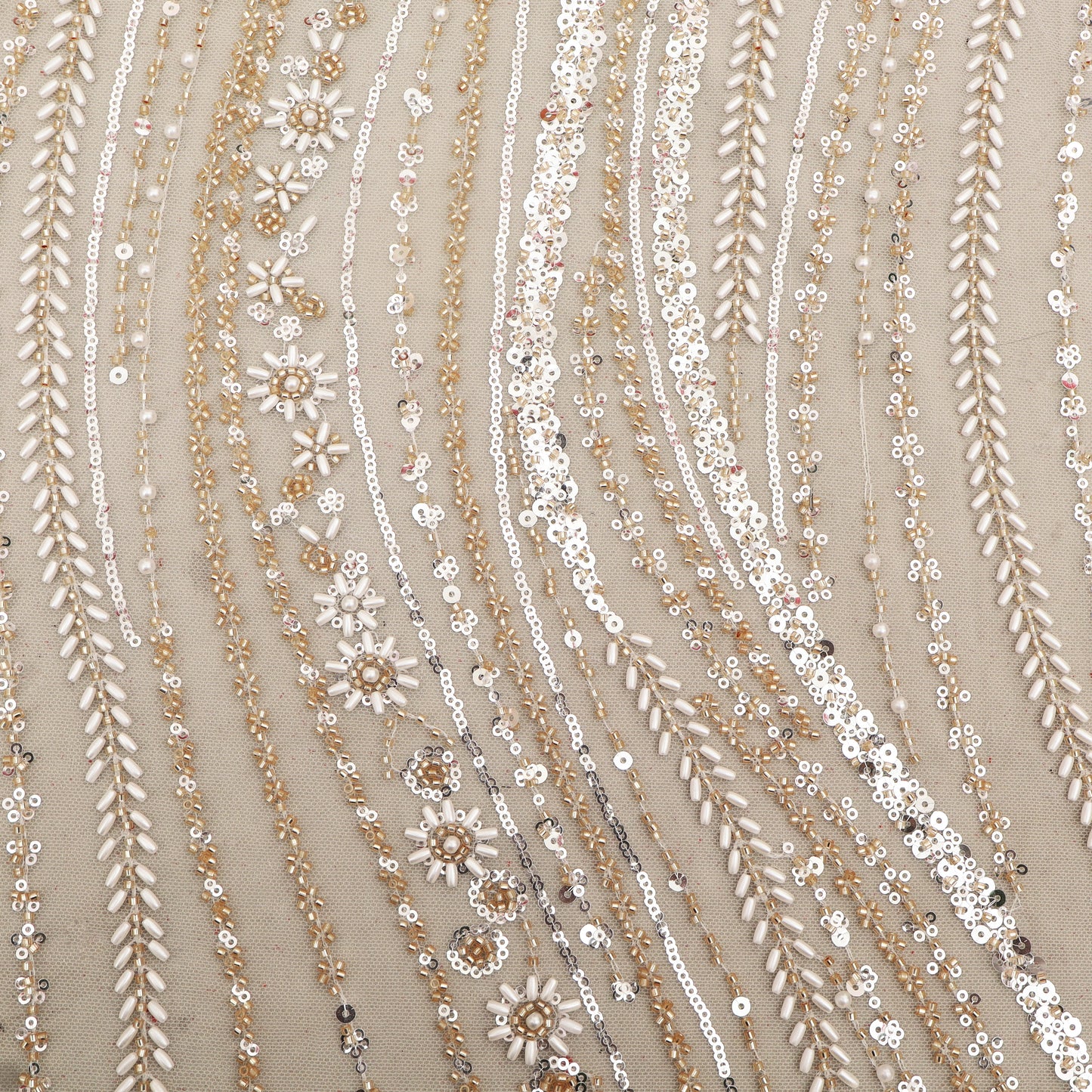 White Color Net Sequins Embroidery Fabric