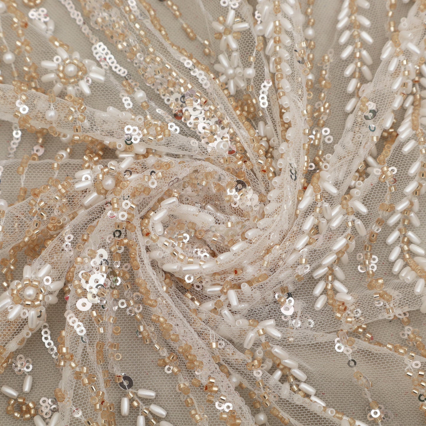 White Color Net Sequins Embroidery Fabric