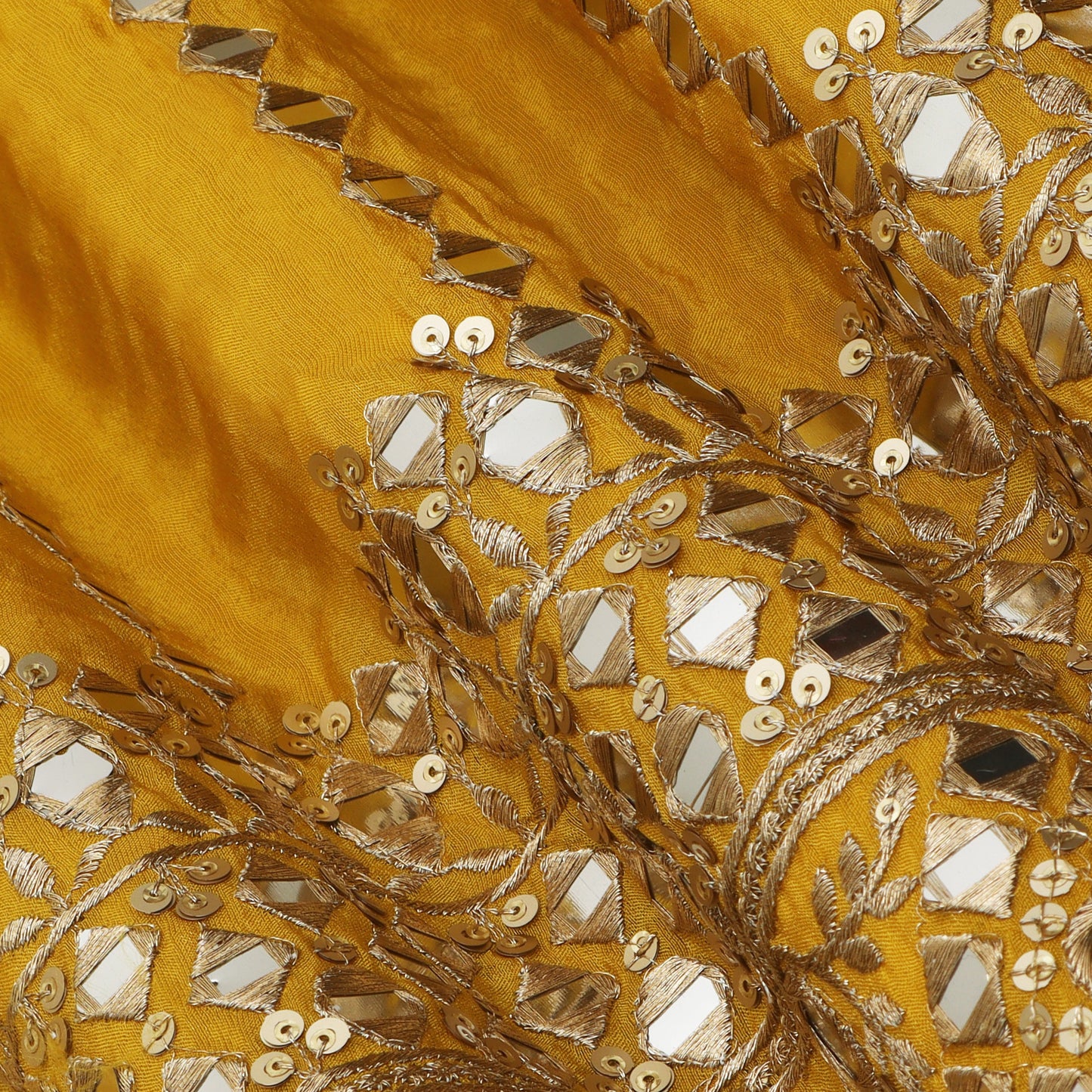 Yellow Color Tissue Mirror Work fabric