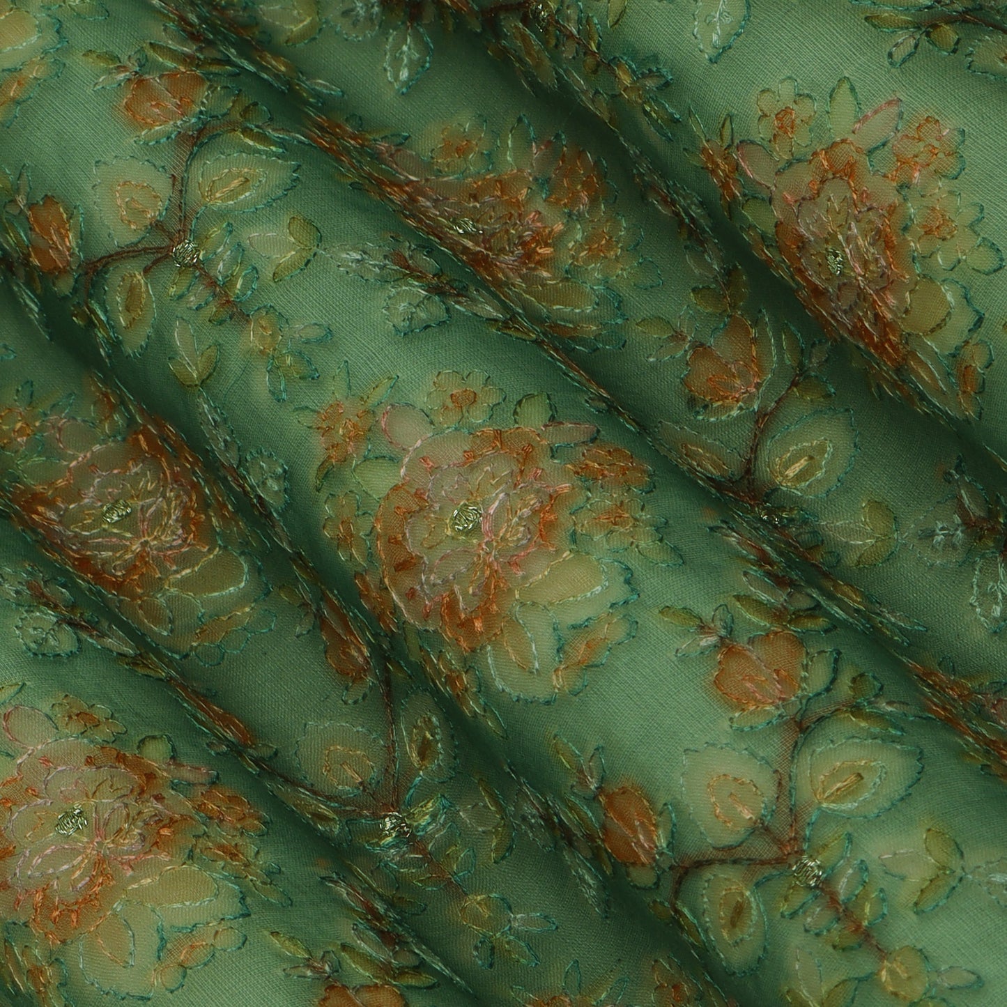 Green Color Organza Embroidery Designer Fabric