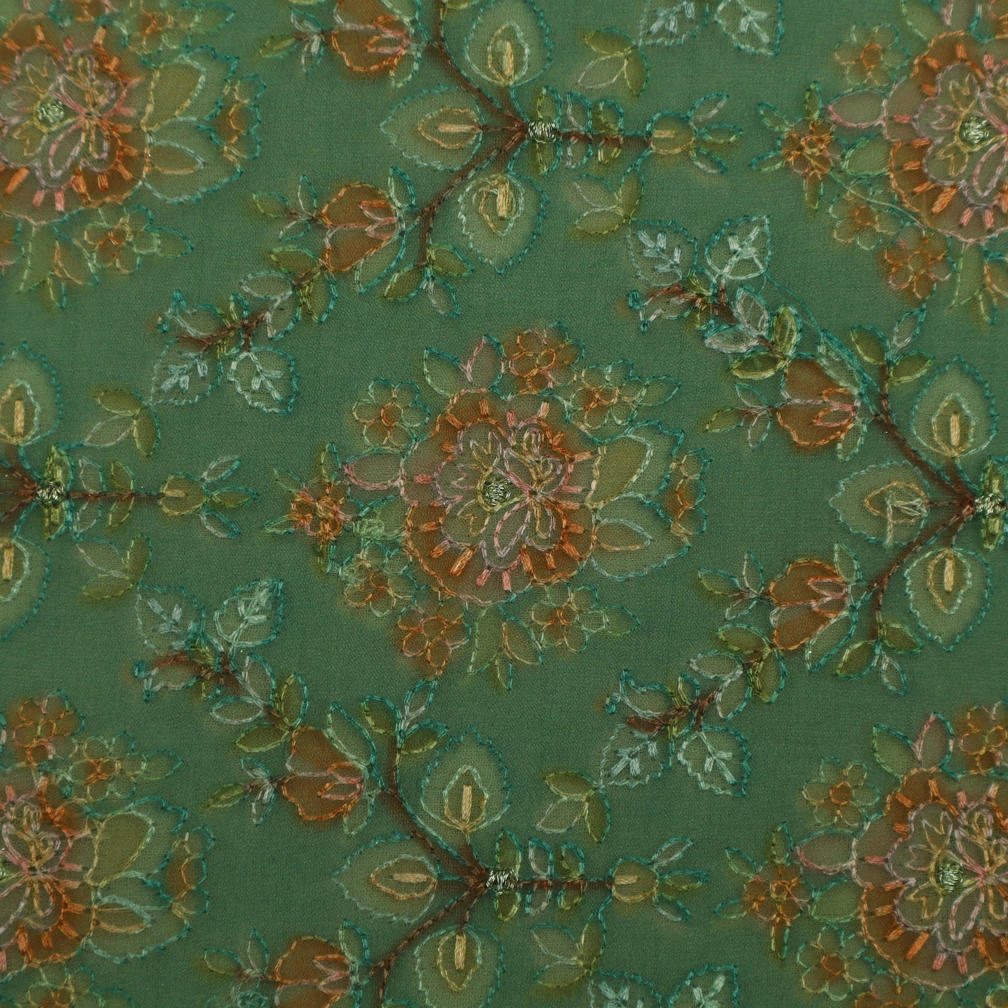 Green Color Organza Embroidery Designer Fabric