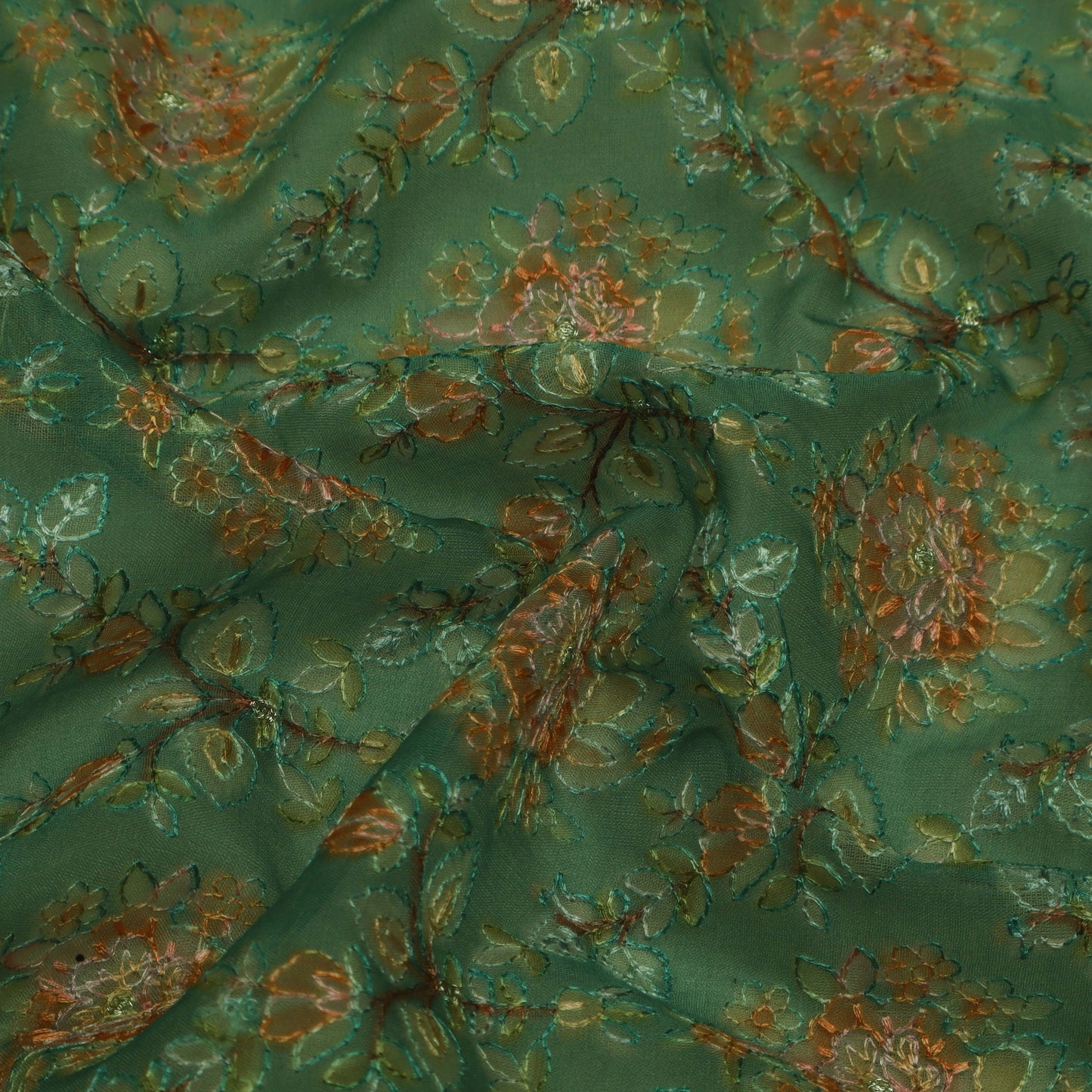 Green Color Organza Embroidery Designer Fabric