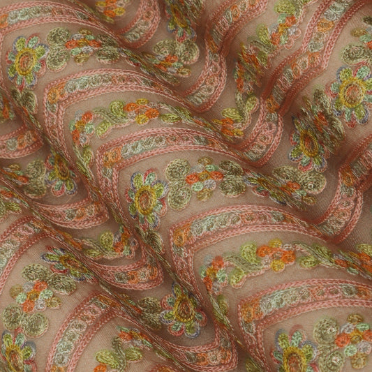 Pink Multi Colored Organza Embroidery Designer Fabric