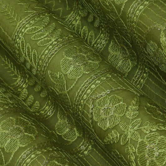 Green Colored Organza Embroidery Designer Fabric