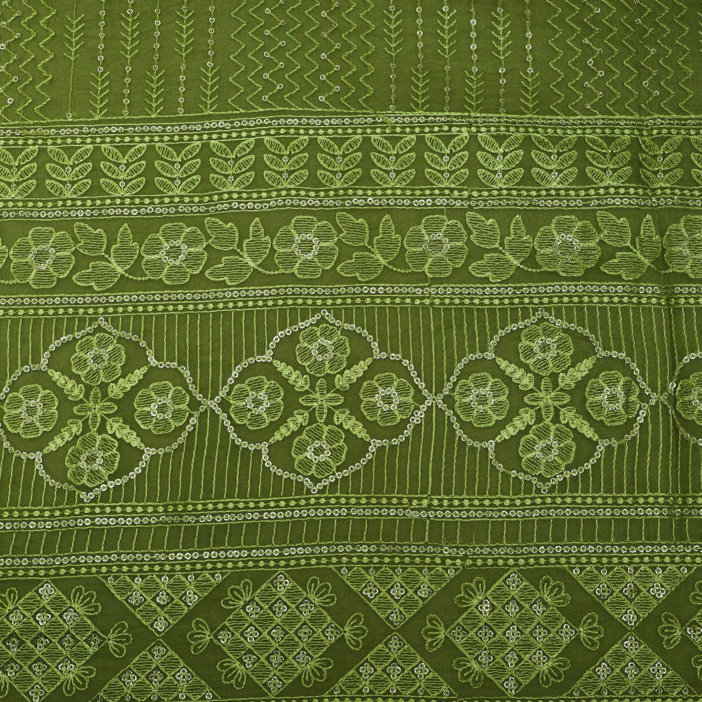 Green Colored Organza Embroidery Designer Fabric