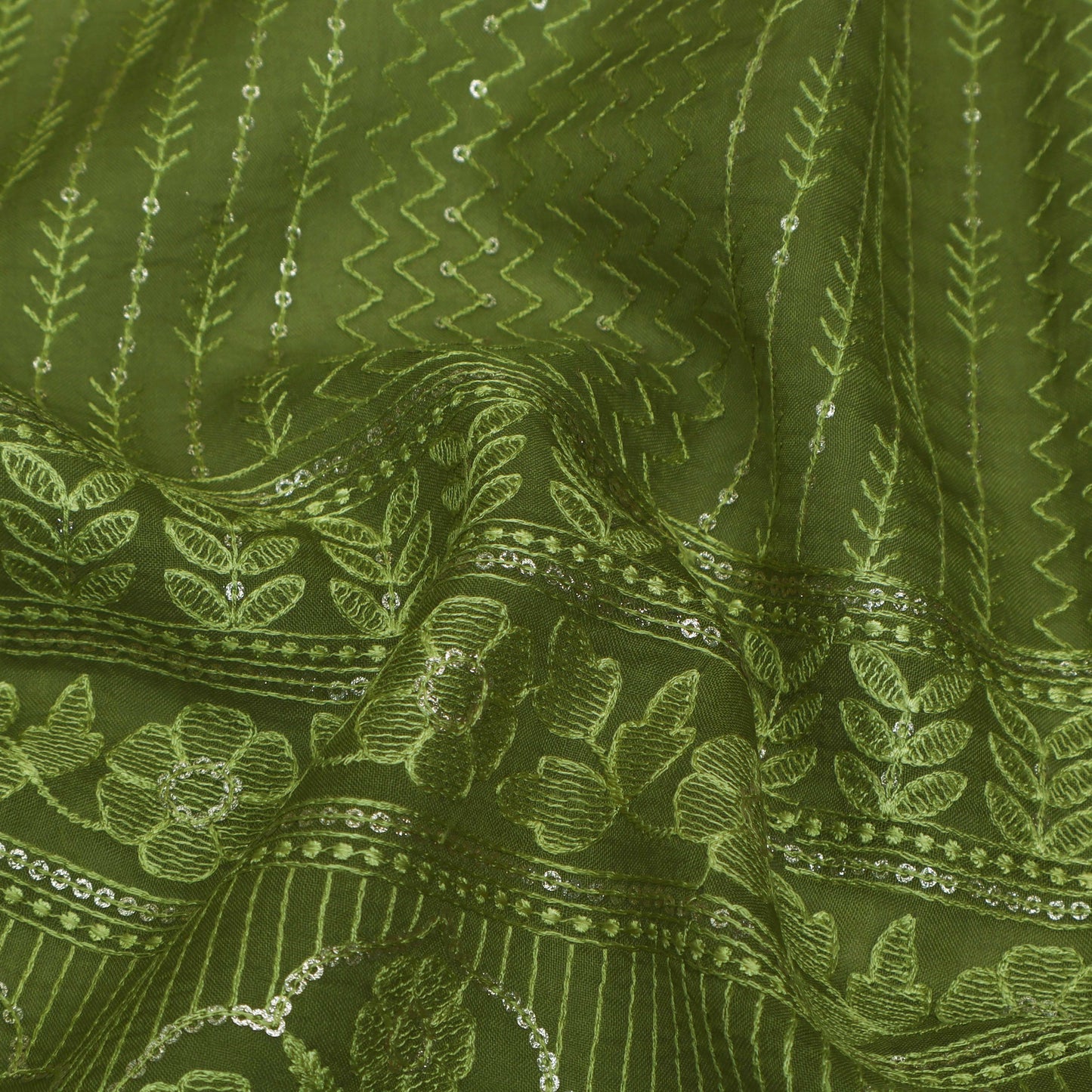 Green Colored Organza Embroidery Designer Fabric