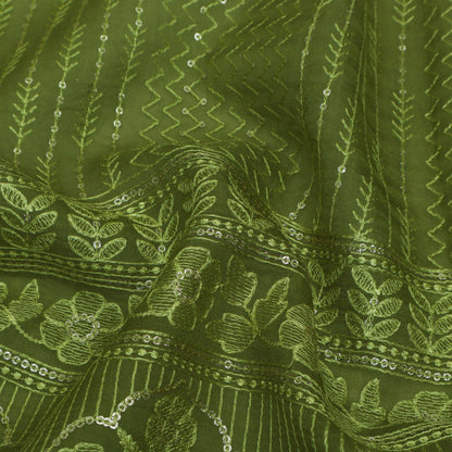 Green Colored Organza Embroidery Designer Fabric