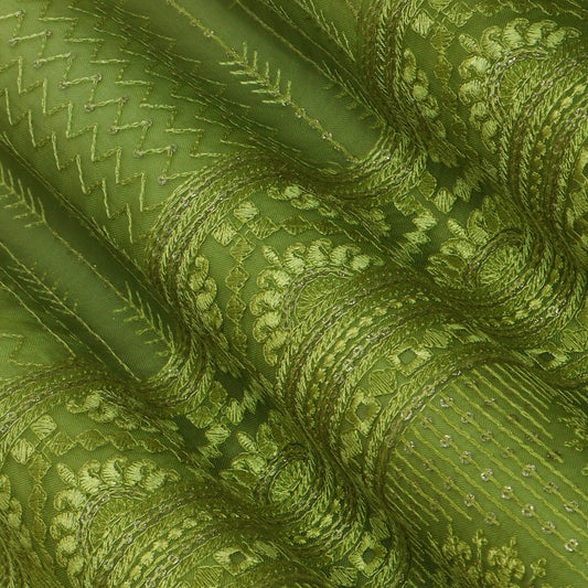 Green Multi Colored Organza Embroidery Designer Fabric