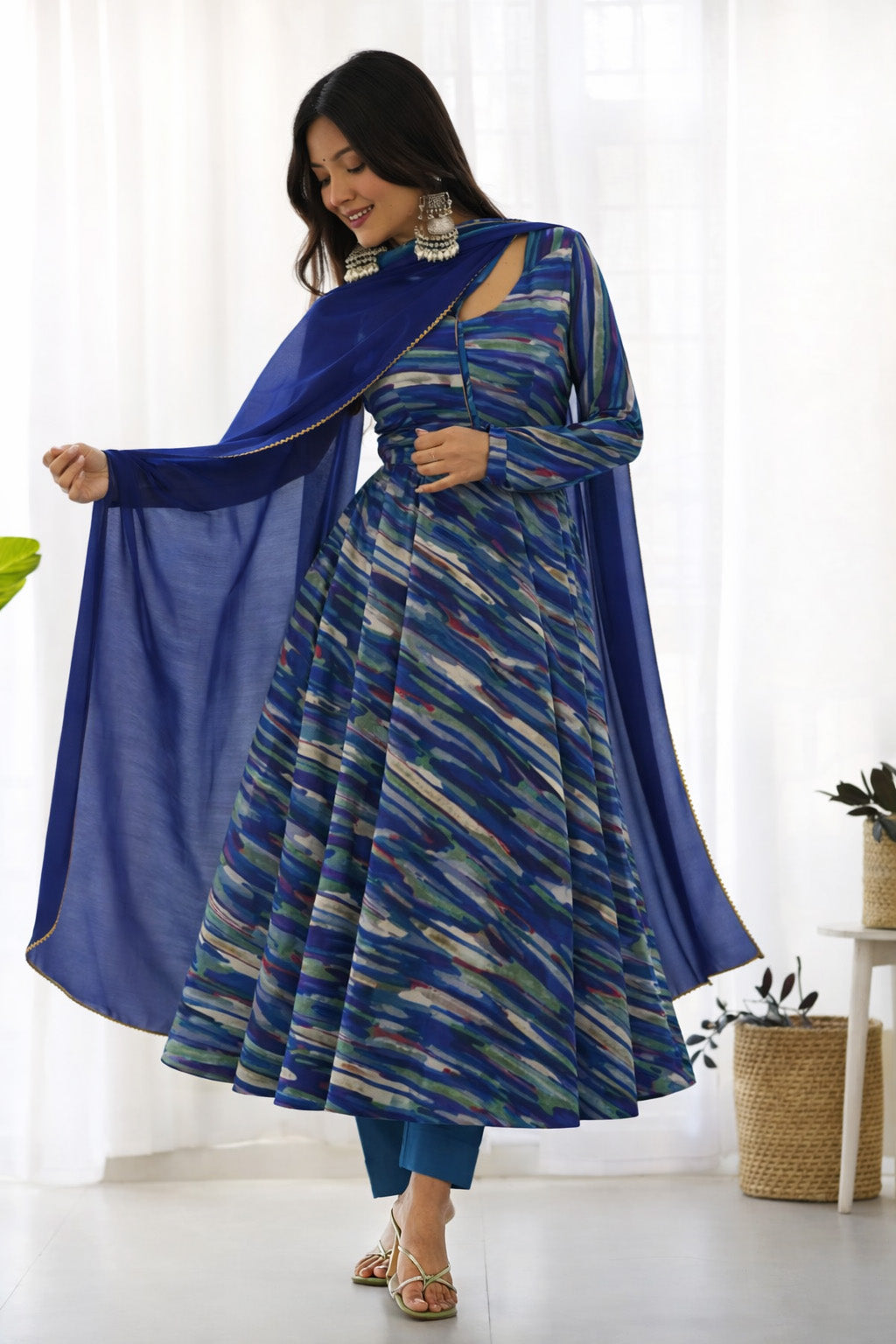 Blue Color Crepe Hydra Print Fabric