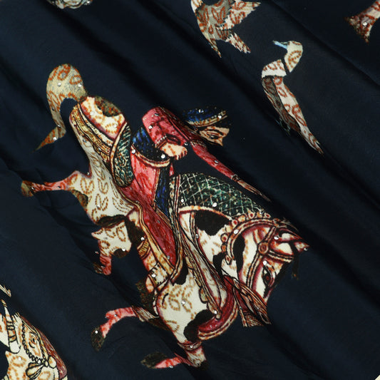 Nevy Blue Crepe Hydra Print Mukaish Fabric