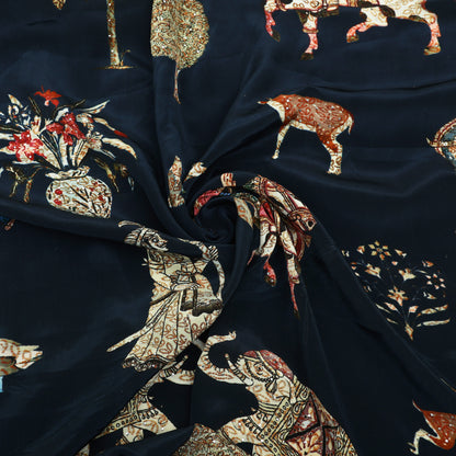 Navy Blue Crepe Hydra Print Mukaish Fabric