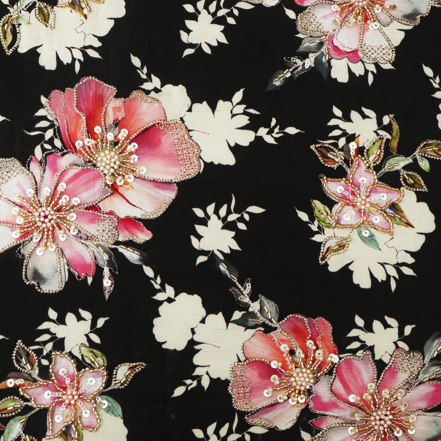 Black Color Crepe Print Embroidery Fabric