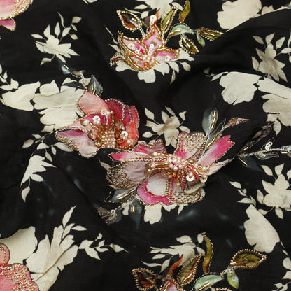 Black Color Crepe Print Embroidery Fabric