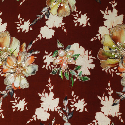 Brown Color Crepe Print Embroidery Fabric