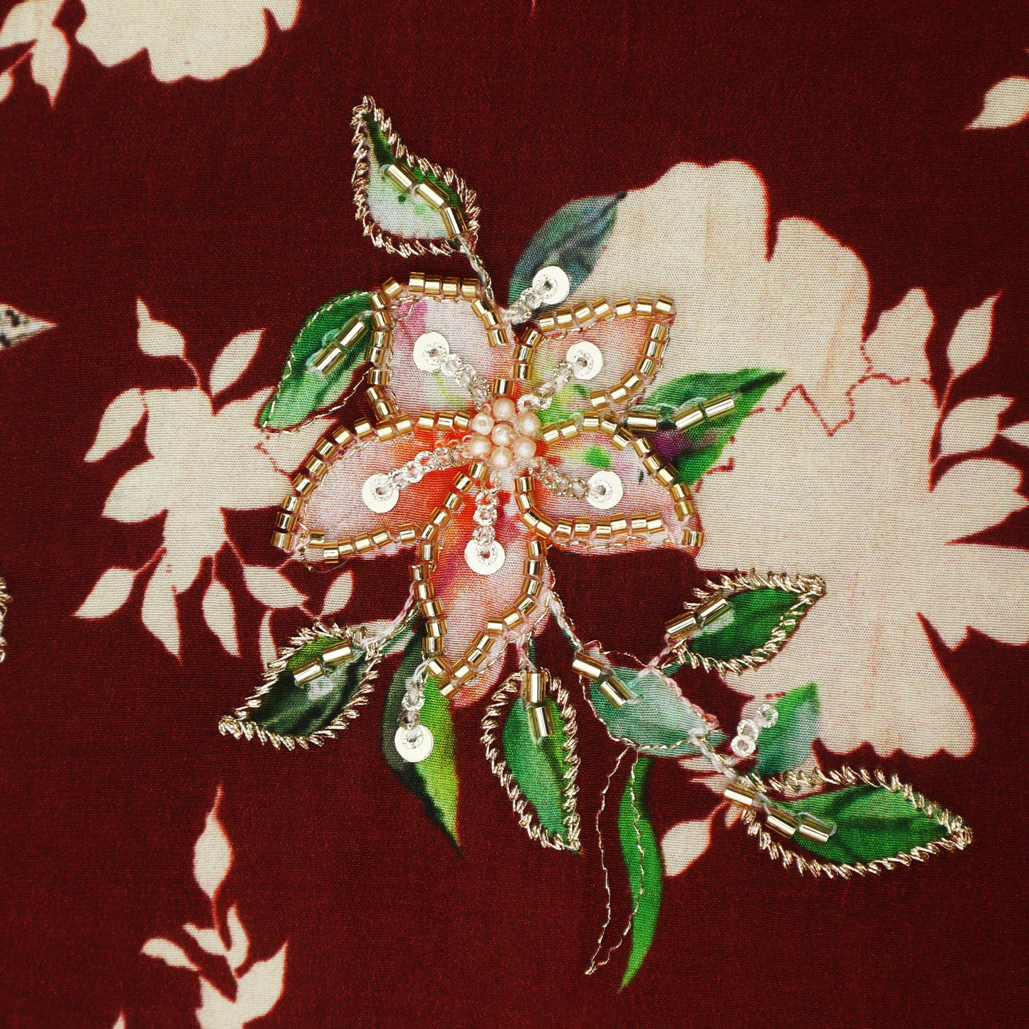 Brown Color Crepe Print Embroidery Fabric