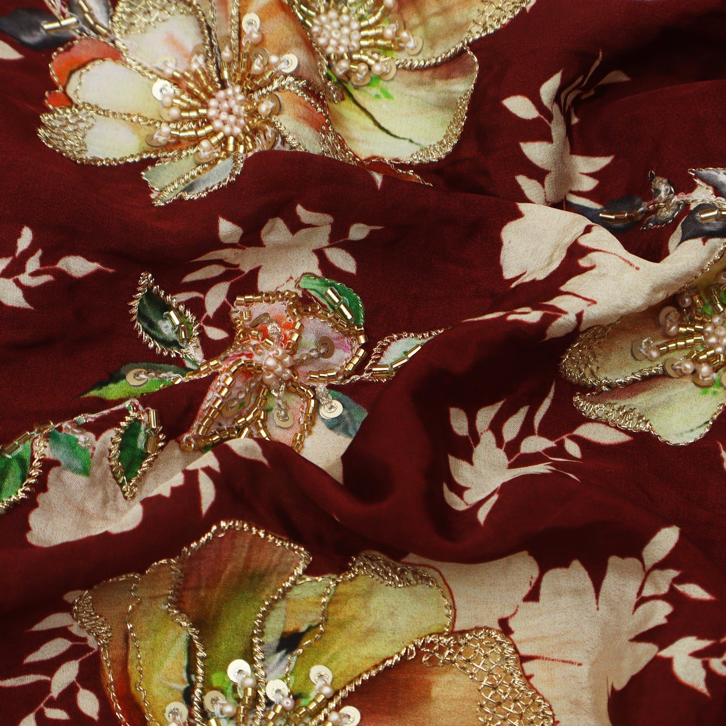 Brown Color Crepe Print Embroidery Fabric