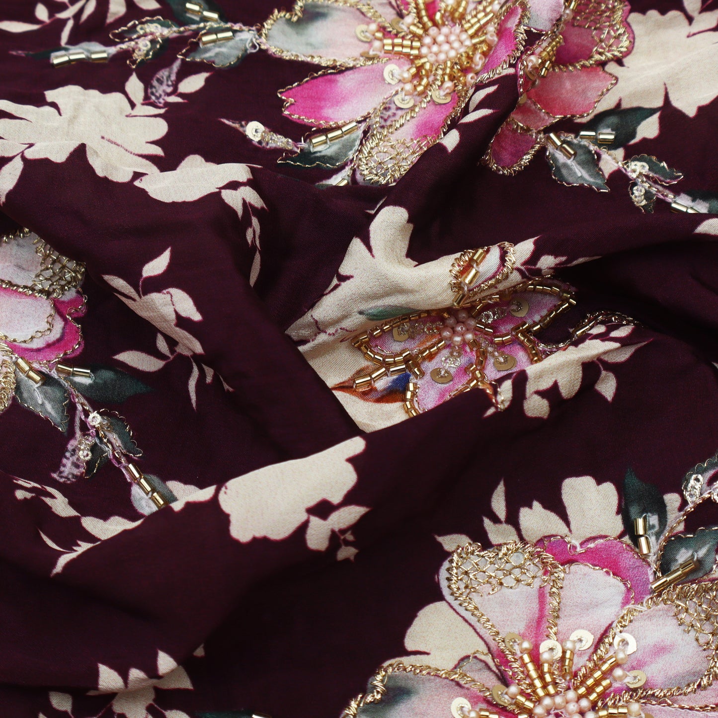 Wine Color Crepe Print Embroidery Fabric