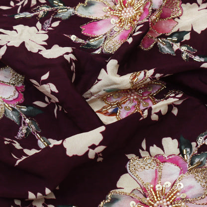 Wine Color Crepe Print Embroidery Fabric