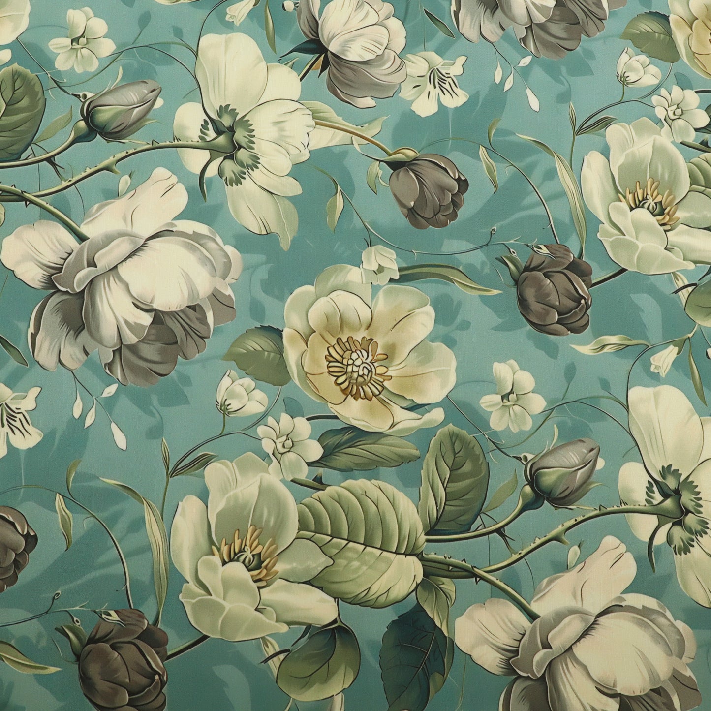 A repeating floral pattern featuring large cream-colored blossoms, green leaves, and dark brown buds on a muted teal background.