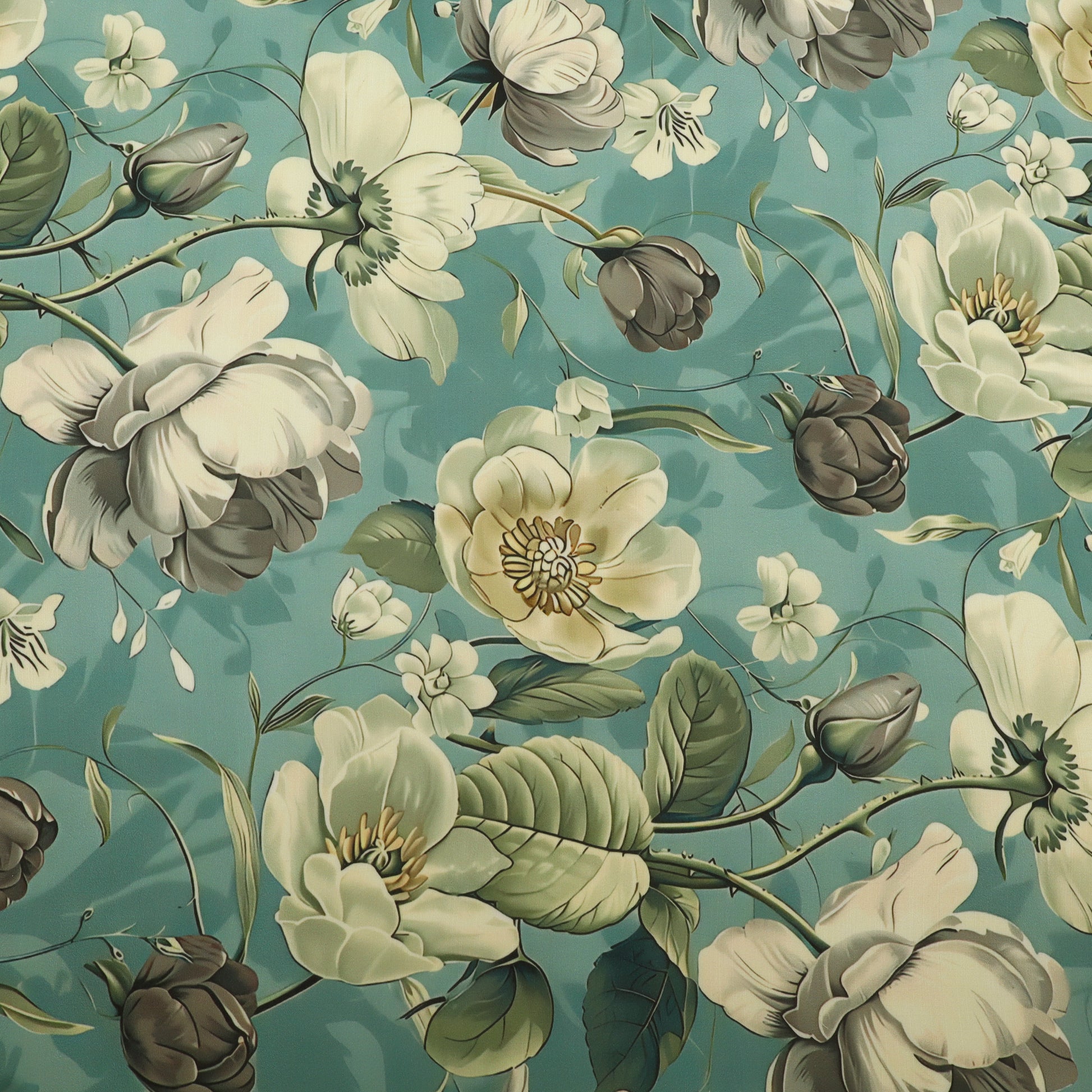 A repeating floral pattern featuring large cream-colored blossoms, green leaves, and dark brown buds on a muted teal background.