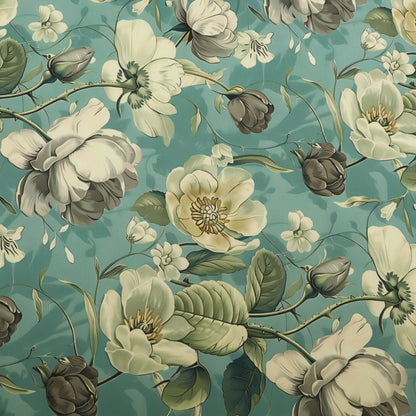 A repeating floral pattern featuring large cream-colored blossoms, green leaves, and dark brown buds on a muted teal background.