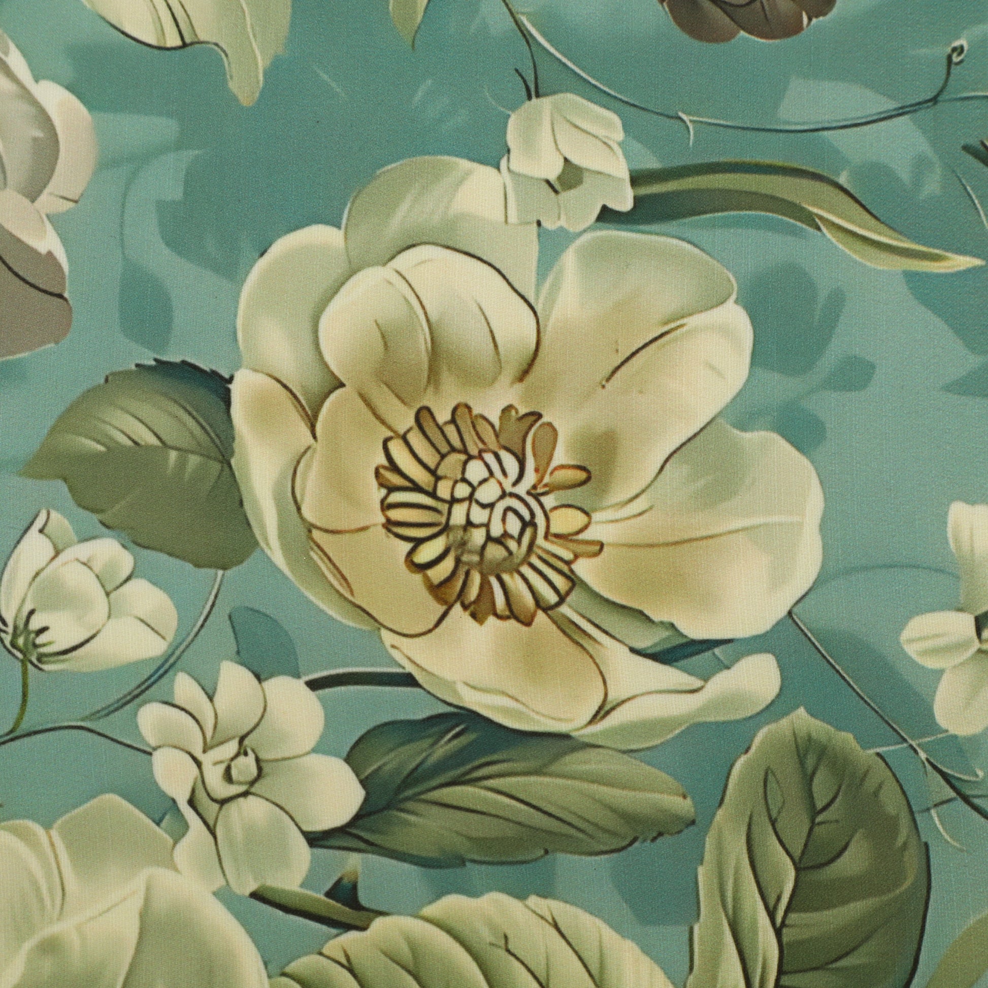 A close-up floral pattern featuring large cream-colored flowers with yellow centers and green leaves on a muted teal background.