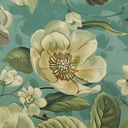 A close-up floral pattern featuring large cream-colored flowers with yellow centers and green leaves on a muted teal background.