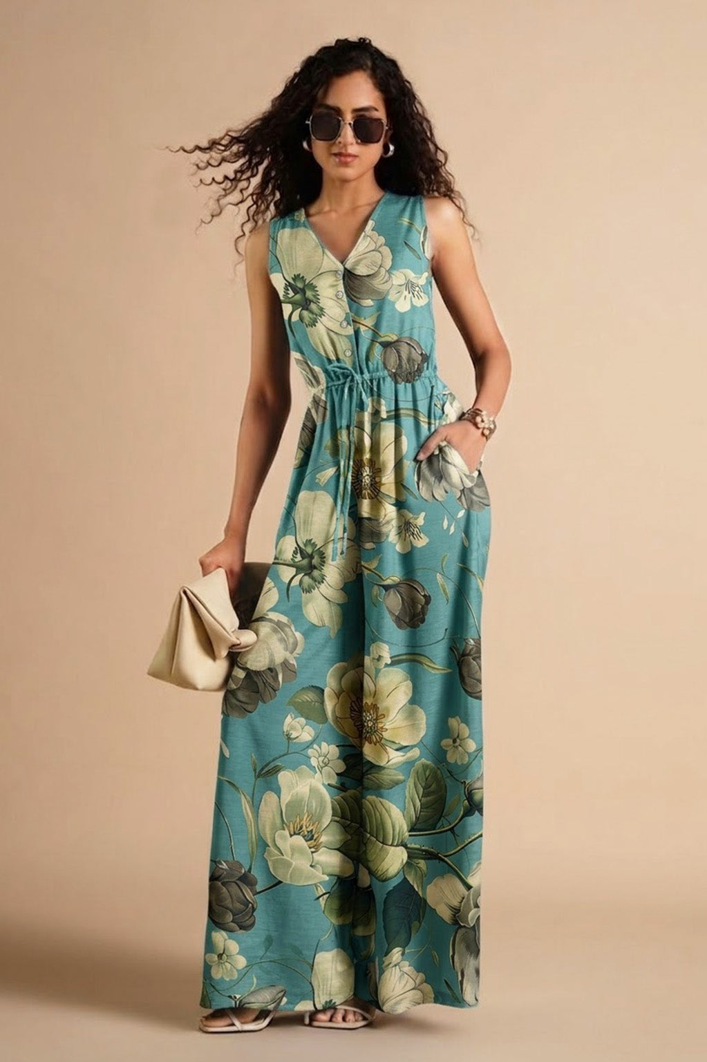 A woman modeling a sleeveless, V-neck maxi dress with a floral print in teal, green, and cream. She is wearing sunglasses, holding a small beige clutch, and standing against a solid beige studio background.