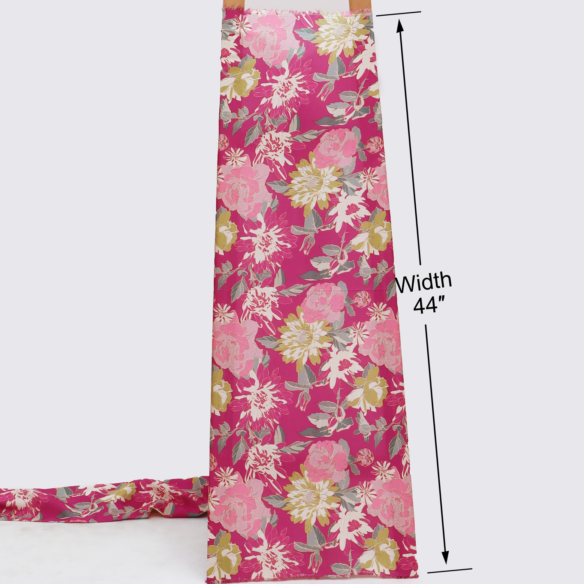 A floral fabric panel or scarf shown flat against a light gray background, with a printed pink, peach, cream, and olive pattern. Black measurement lines indicate a width of 44 inches.