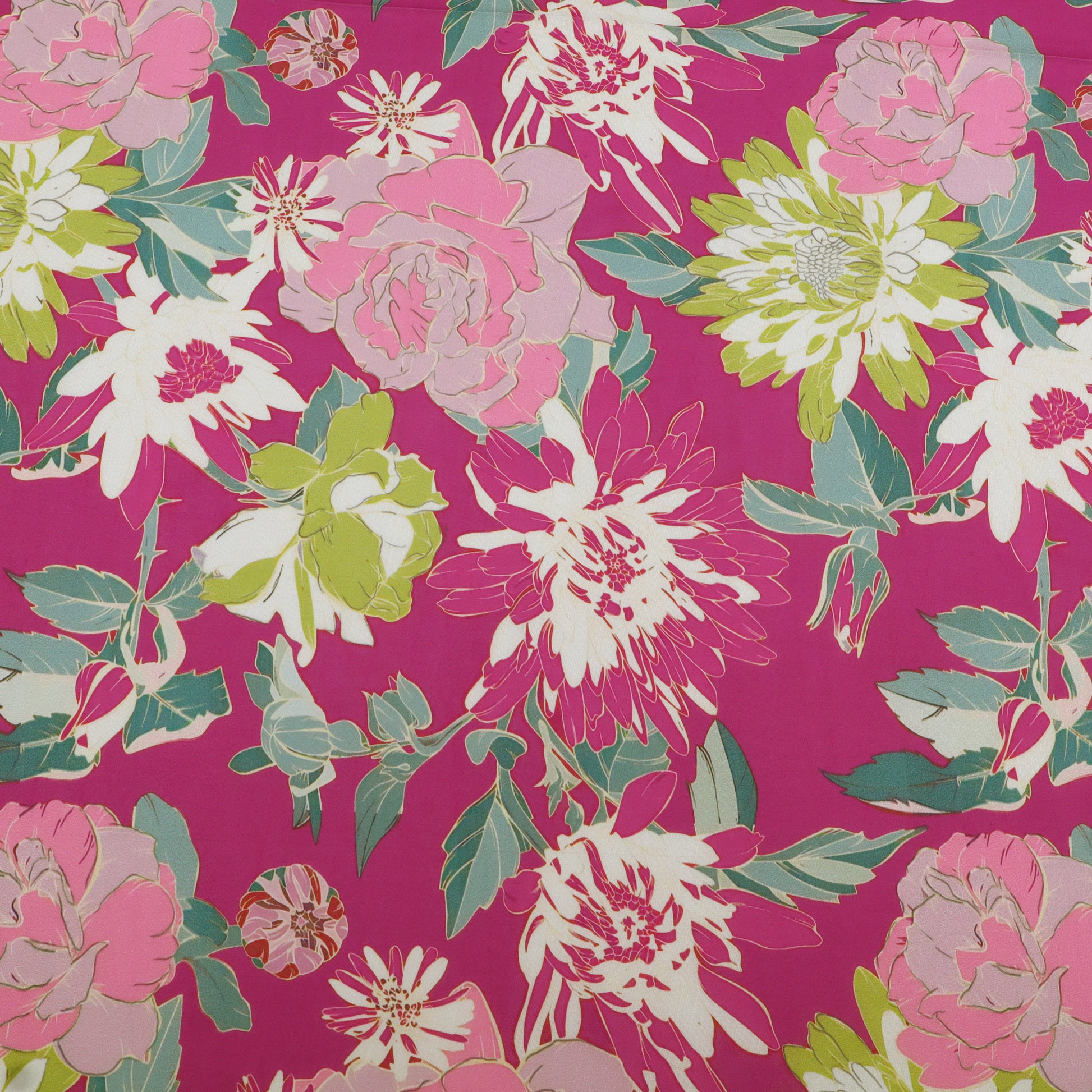 A close-up of a floral fabric pattern featuring large pink, white, and lime green flowers with teal leaves on a bright magenta background.