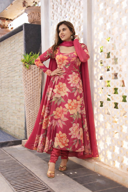 Pink Color Chinon Chiffon Printed Kupi Work