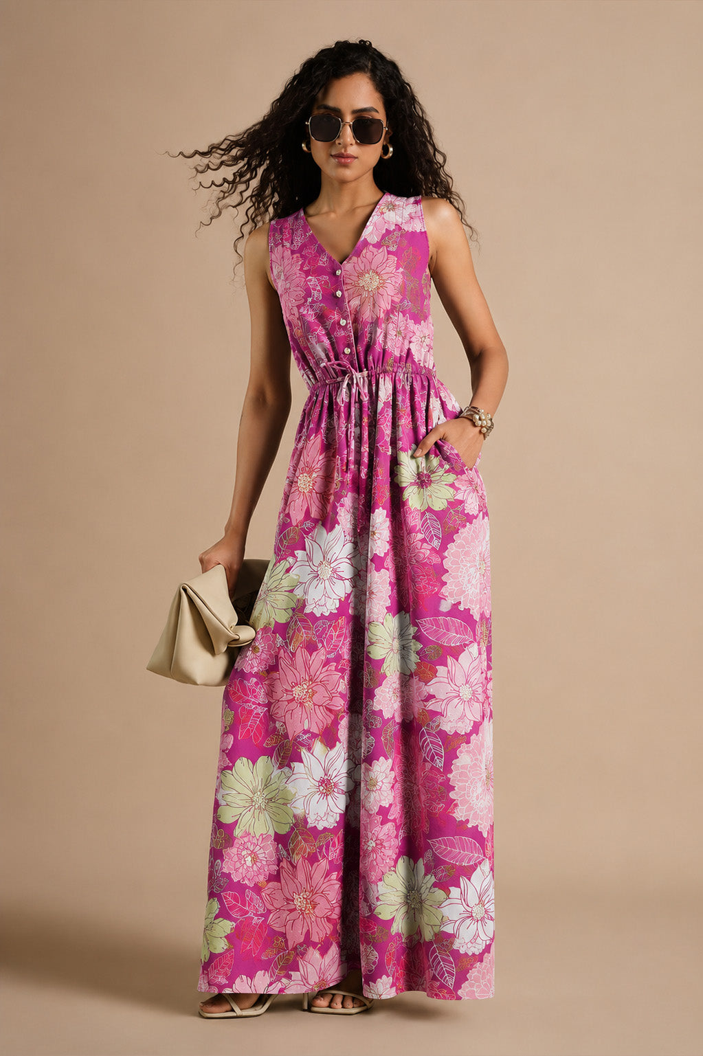 A woman modeling a sleeveless, V-neck maxi dress with a vibrant pink, magenta, and white floral pattern. She is wearing dark sunglasses, holding a small beige clutch, and standing against a solid beige studio background.