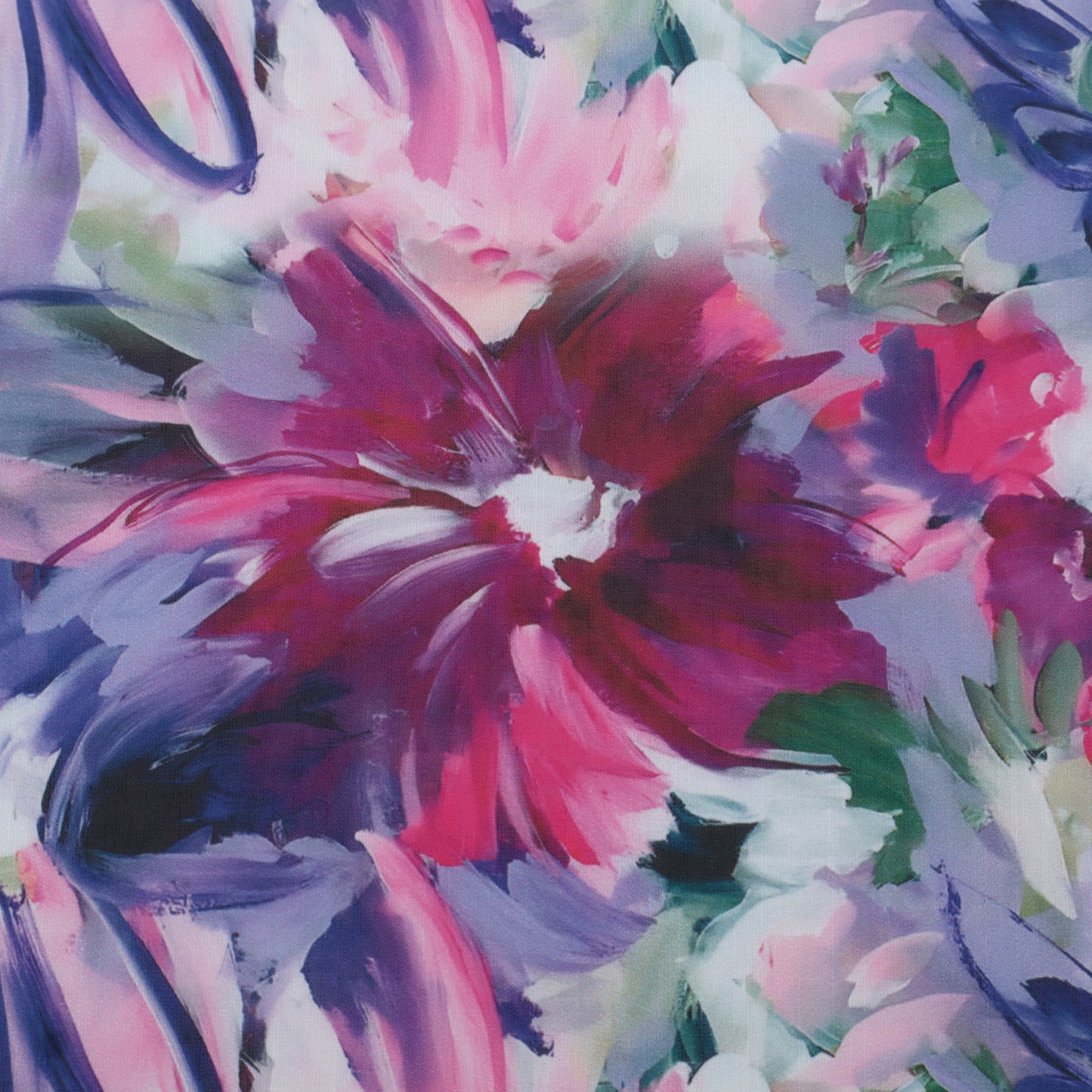 Abstract floral painting with bold brushstrokes in magenta, pink, purple, white, and green, filling the entire frame.