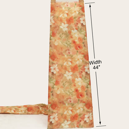 A close-up of a blue sheer fabric with a tonal floral pattern and decorative embroidered trim featuring small white and metallic sequins.