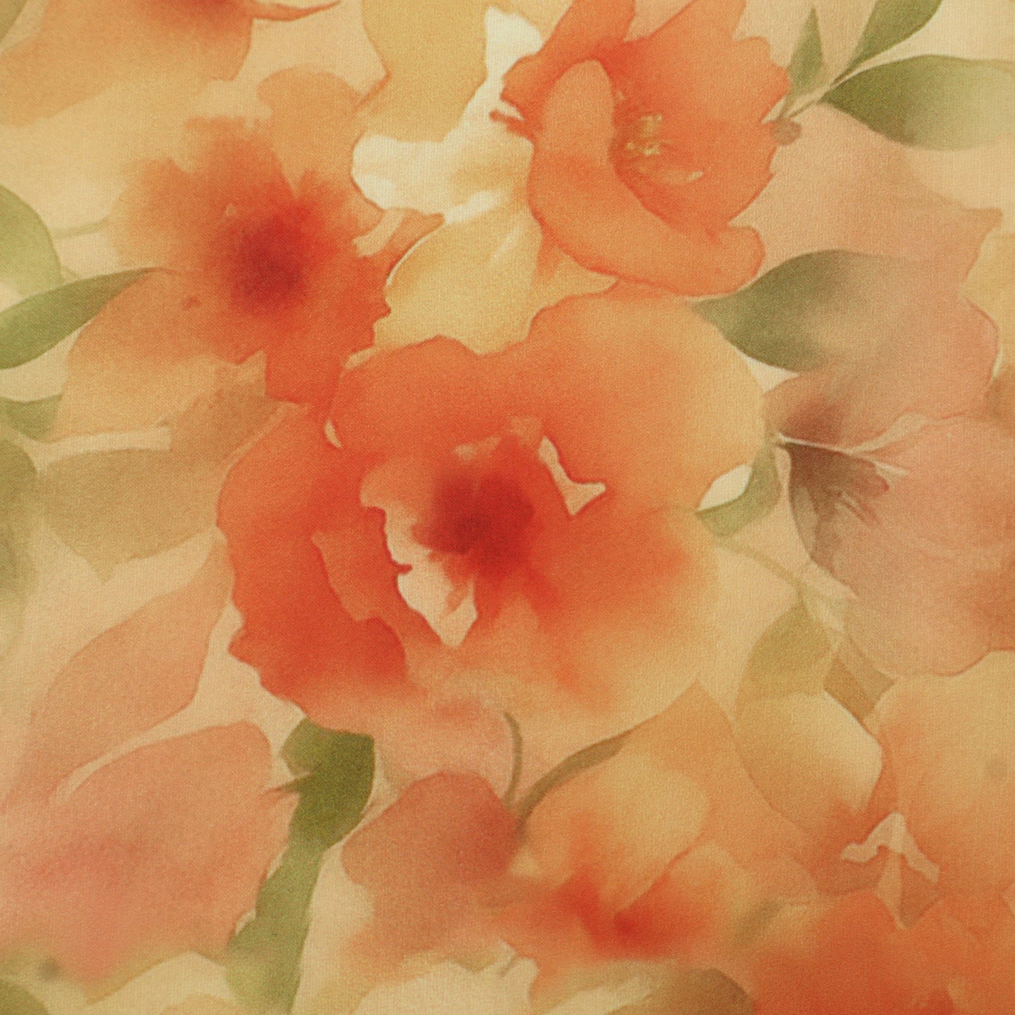 A close-up of a watercolor floral pattern featuring soft coral-orange flowers with green leaves on a warm beige background.